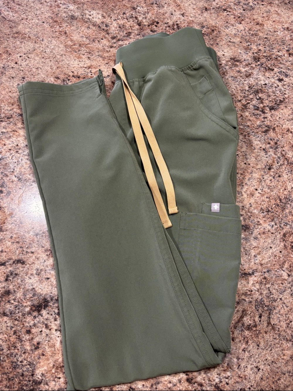 Figs Olive Green Straight Leg Scrub Pants with Tan Drawstring